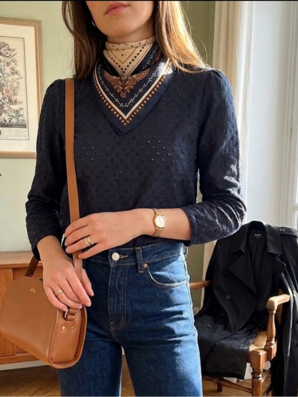 A.P.C. 🗼 French vibe 100% Cotton APC Eyelet Navy Blouse